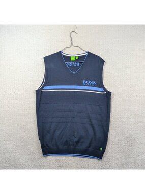 Hugo Boss Vest Sweater Men Sz L Blue Color block V-Neck Golf Preppy Academia